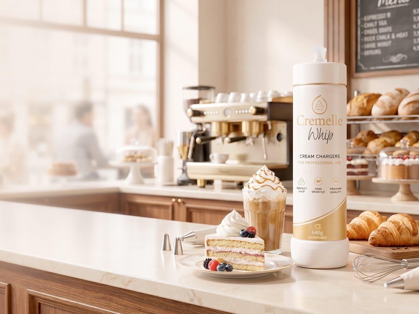 Cremelle Whip cream charger on a cafe counter with pastries and coffee